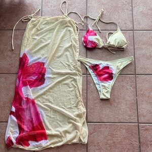 Yellow Floral Bikini Set with matching cover up skirt